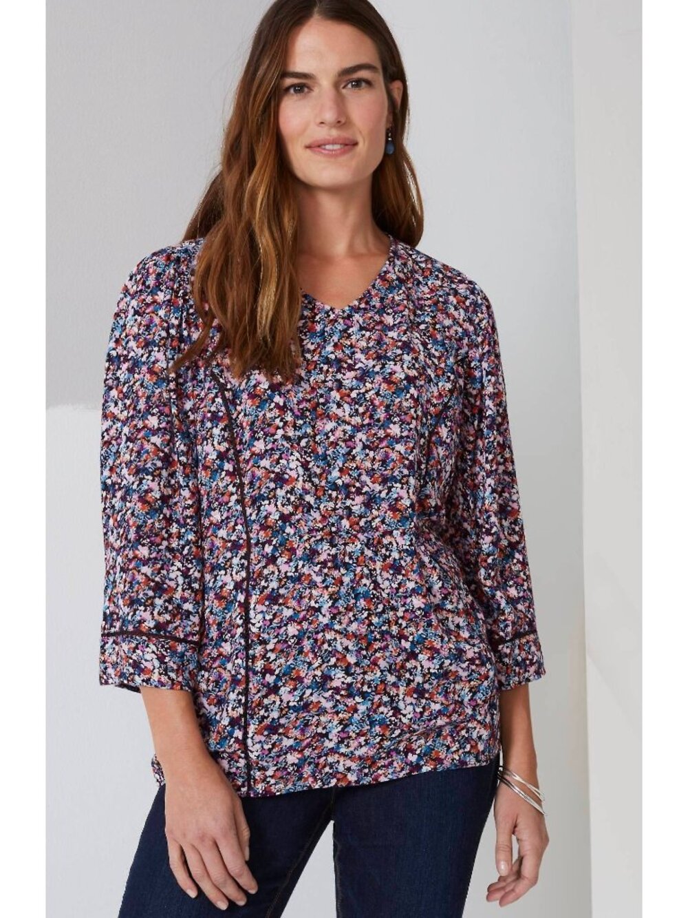 J. Jill‎ Top XL Floral-Printed Elliptical Top Shirred Design Boho Purple Peasant